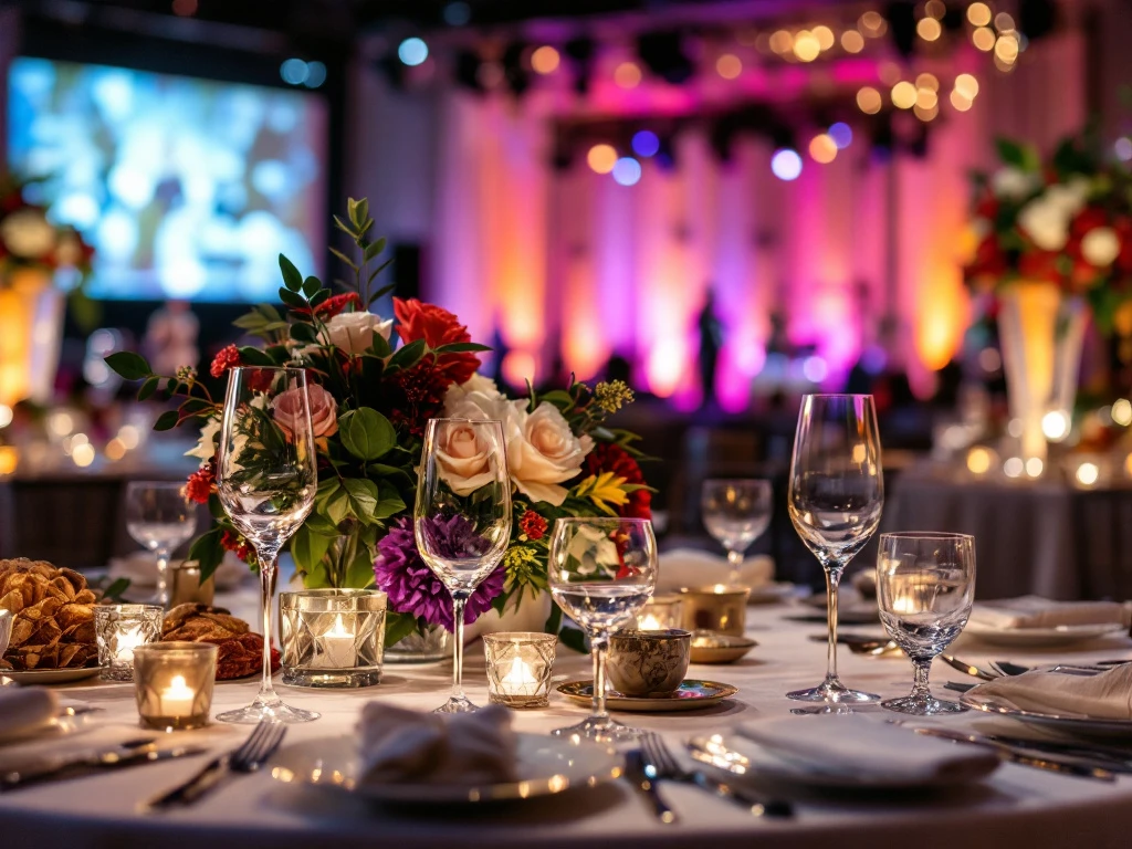 Tyylikäs tapahtumapaikka: kauniisti katettu pöytä, hienot astiat, kukka-asetelmat, lämmin valaistus, taustalla lava esityksiä varten.