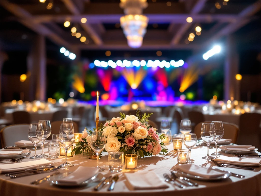 Elegantti juhlatila, jossa on ylellinen juhlapöytä kukkakoristeineen ja valaistu esiintymislava, luoden lämpimän ja juhlavan tunnelman.